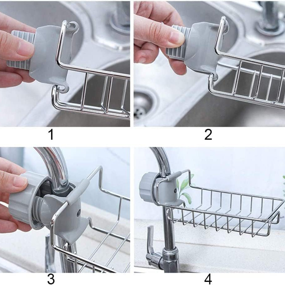 Sink Caddy Sponge Holder， Double Layer Stainless Steel Faucet Storage Rack Kitchen Organizer for Dishcloth and Cleaning Brush Holder, Shower Caddy Soap Organizer for Bathroom/Kitchen