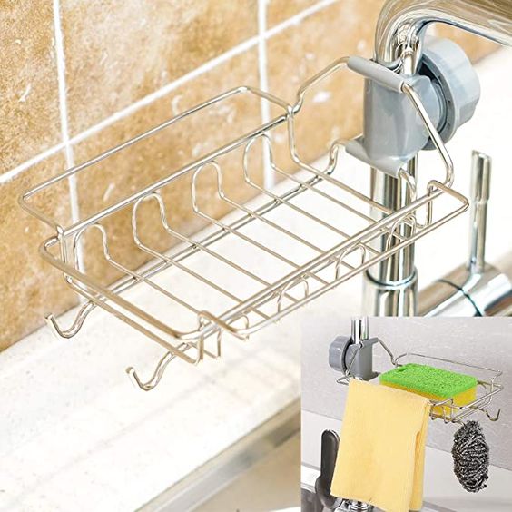Sink Caddy Sponge Holder， Double Layer Stainless Steel Faucet Storage Rack Kitchen Organizer for Dishcloth and Cleaning Brush Holder, Shower Caddy Soap Organizer for Bathroom/Kitchen