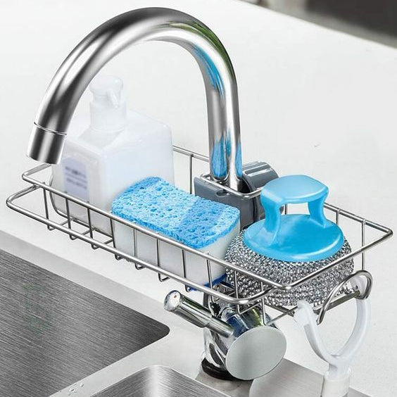 Sink Caddy Sponge Holder， Double Layer Stainless Steel Faucet Storage Rack Kitchen Organizer for Dishcloth and Cleaning Brush Holder, Shower Caddy Soap Organizer for Bathroom/Kitchen